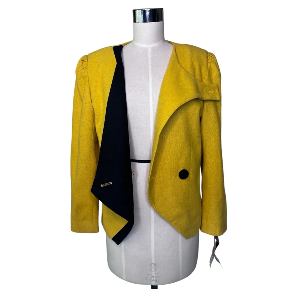 Vintage 80s Abstract Color-block Yellow‎ and Black Statement Wool Jacket 10P